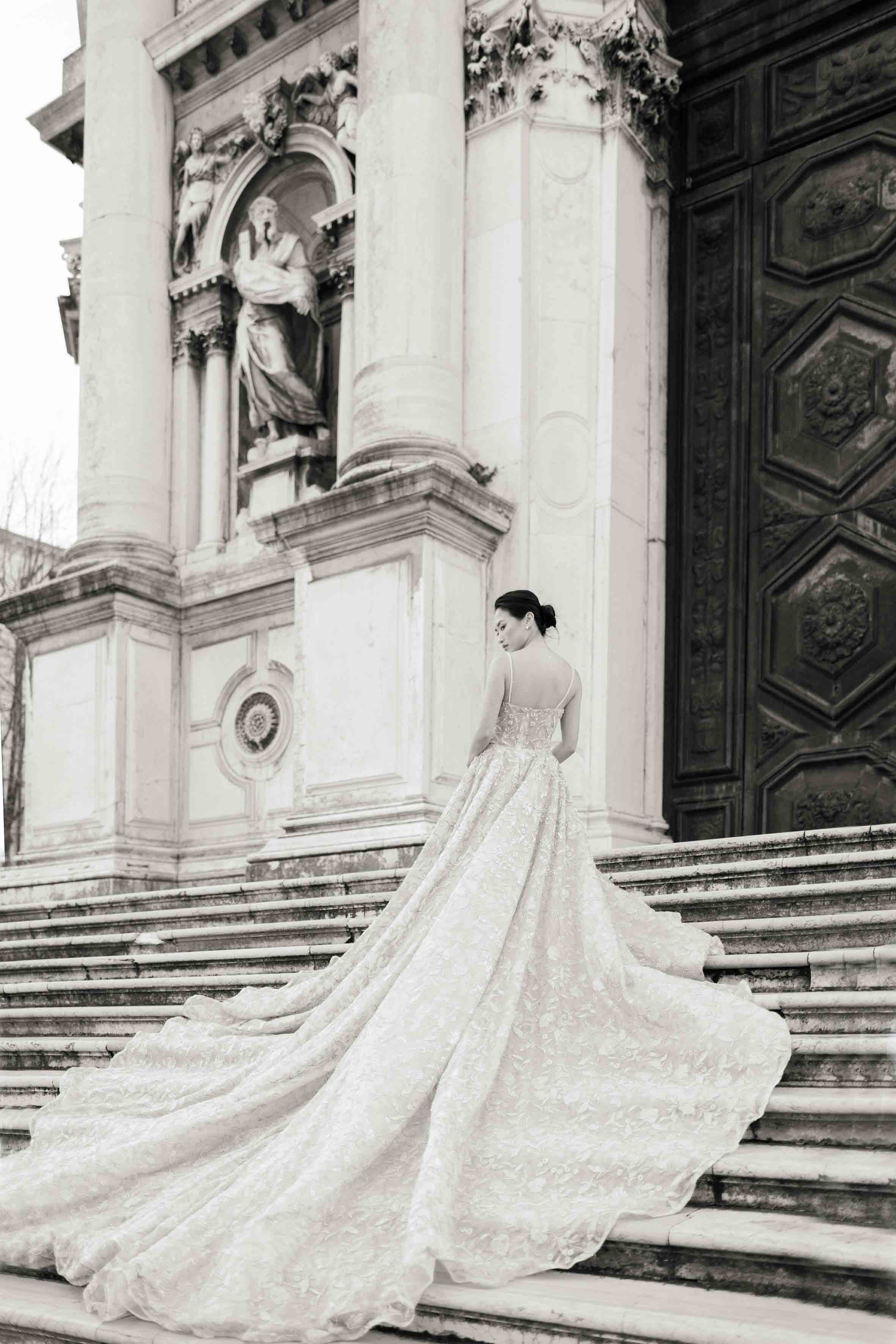 Editorial portrait of the bride and groom during their destination wedding in Venice